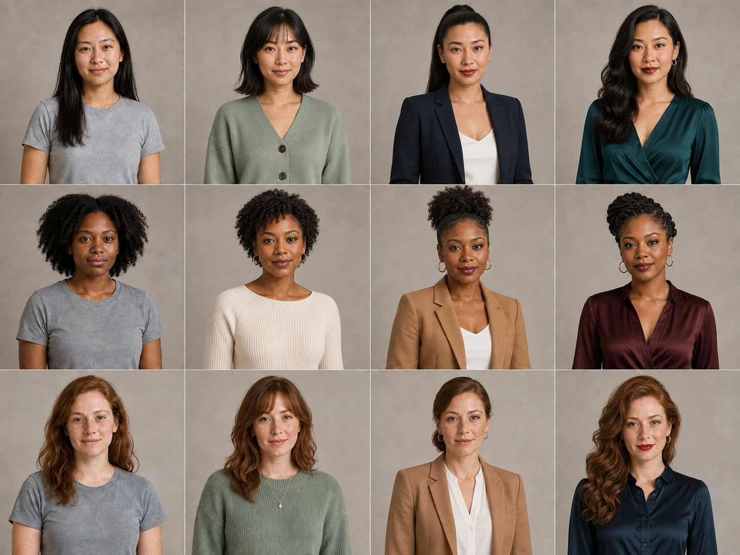Three women's style examples explore short hair, updos, curls, makeup, and outfit colors. Each row shows the same person's starting half-body photo and three suggested makeup, hair, and outfit looks. All images are AI illustrations.