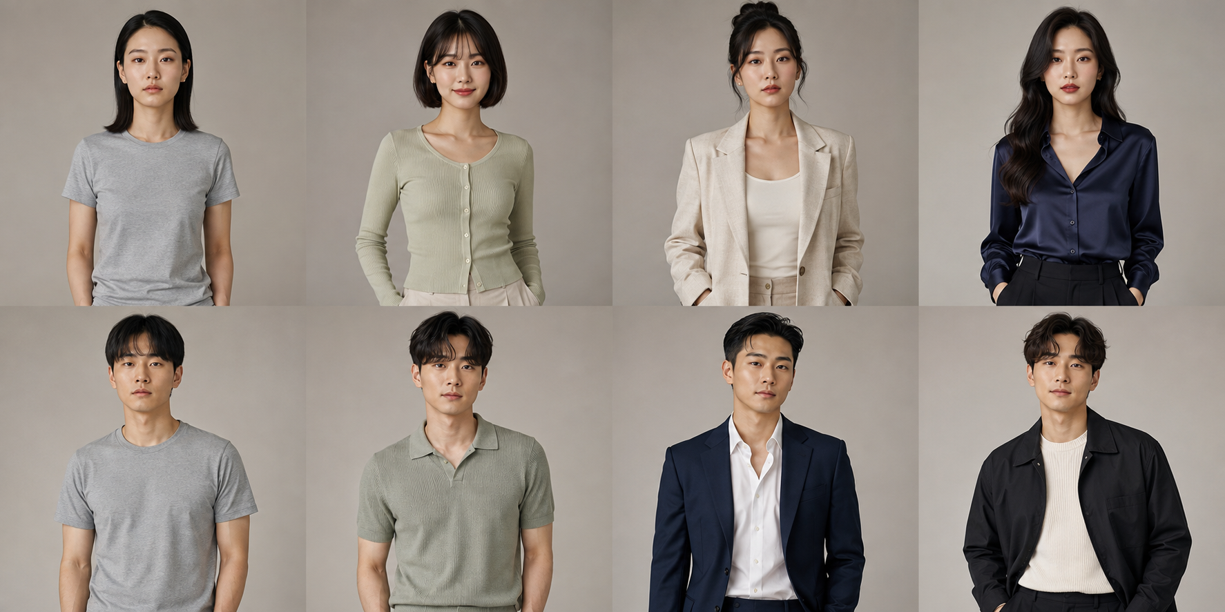 Top row: Korean-inspired women's looks. Bottom row: men's styling and subtle enhancements. Each row shows the same person's starting half-body photo and three suggested makeup, hair, and outfit looks. All images are AI illustrations.